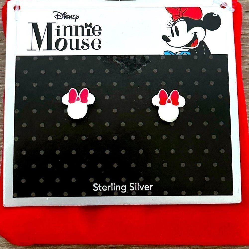 Disney Minnie Mouse Sterling Silver Stud Earrings & Red Velvet Gift Bag